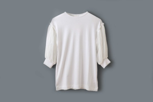 画像1: Cotton Frice T-Shirts With Mesh Sleeves KNT253 (WH)