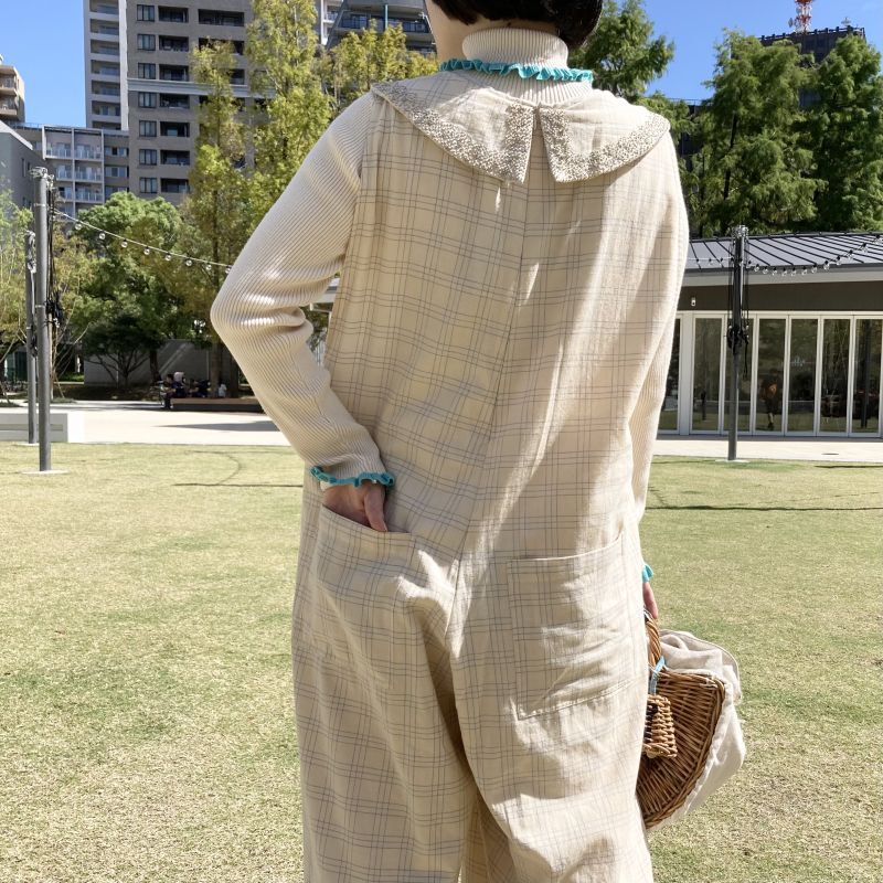 ☆ Khadi Cotton Code check&Embroidery Collar Overalls (EC×BL)