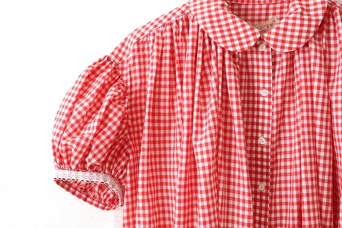 SALE40%OFF!! gingham check gather shirt DRESS (RD)