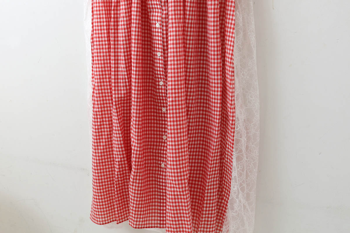 SALE40%OFF!! gingham check gather shirt DRESS (RD)