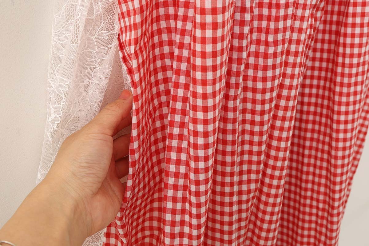 SALE40%OFF!! gingham check gather shirt DRESS (RD)