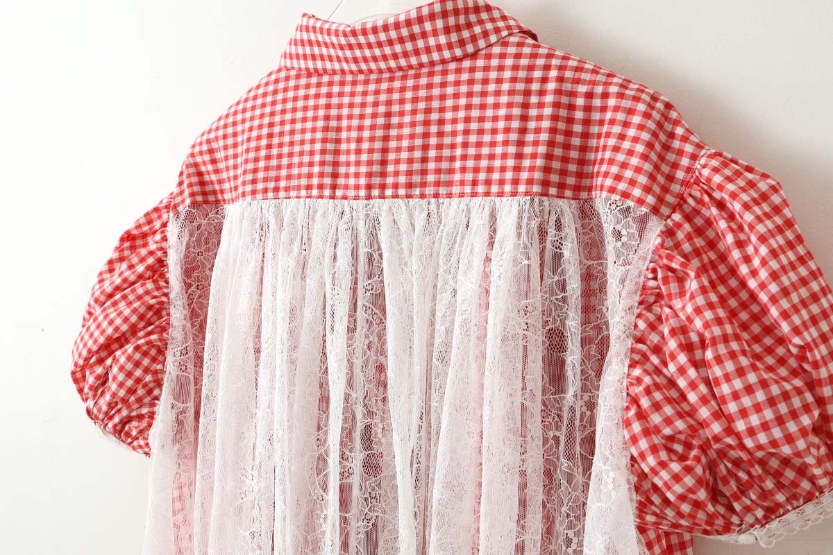 SALE40%OFF!! gingham check gather shirt DRESS (RD)